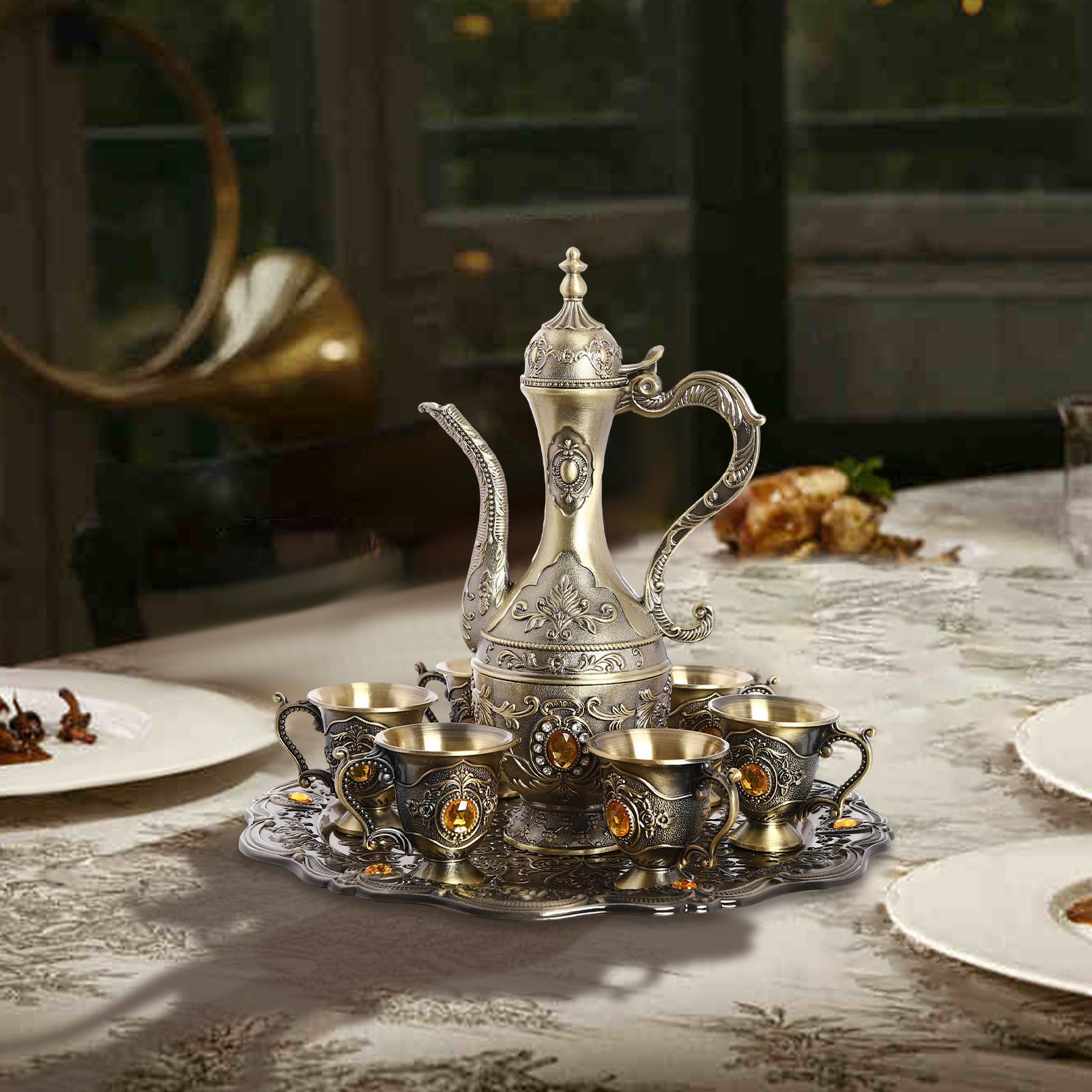 Bronze Tea Set, 1 Pot & 6 Cups with Tray, Retro Style Copper Tea Service for Home & Kitchen, Classic Coffee Pot and Teacup Set