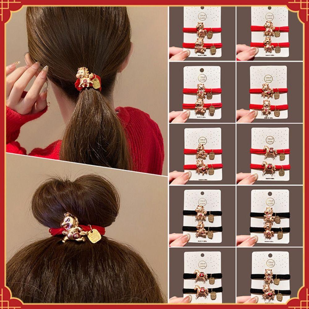 Cute Red Rope New Year Red Hair Rope 2026 Alloy Horse Year Hair Ring Bracelet Chinese Style Horse Year Rubber Band Girls