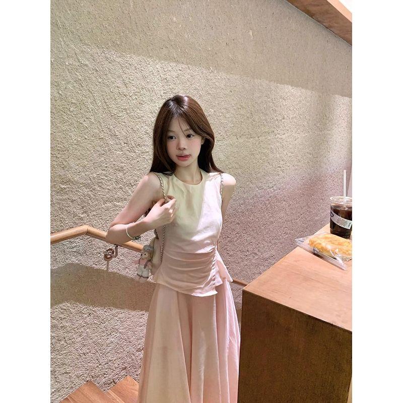 Kumikumi Sweet Style Fake Two Pieces Patchwork Vest One Piece Dress Women Clothing Summer Slimming Pink Large Swing Skirt Long Dress