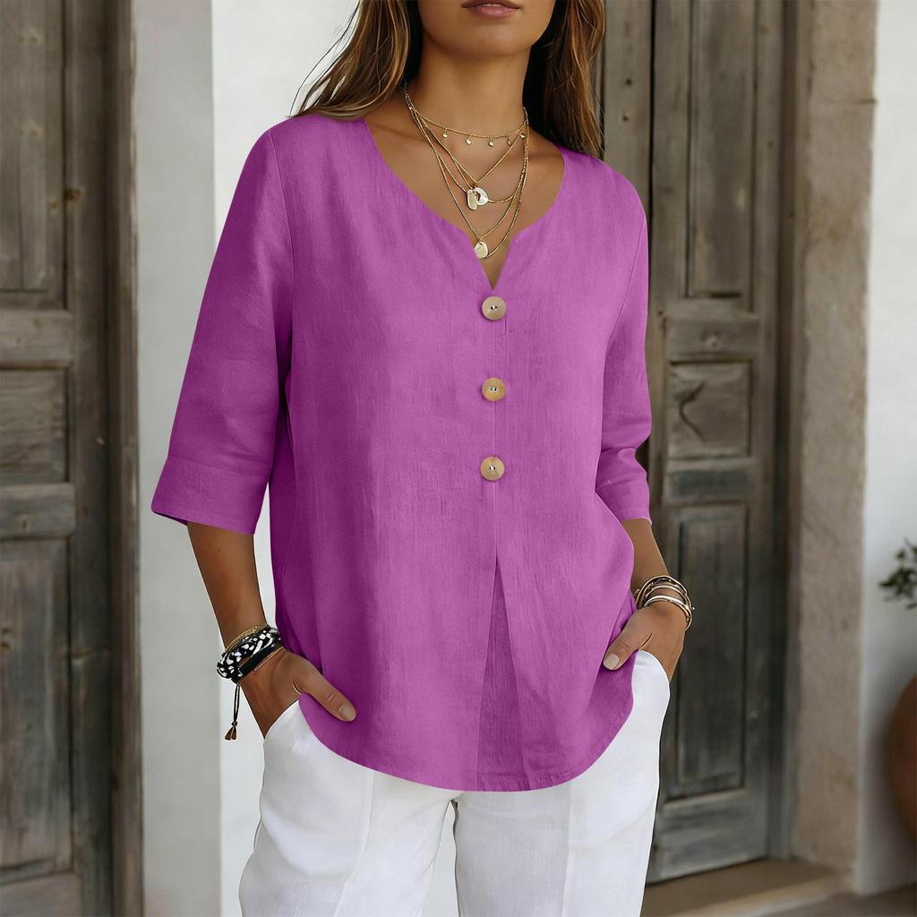 2026 Cotton Linen Three-Quarter Sleeve Button-Down Casual Loose Top Solid Color Shirt