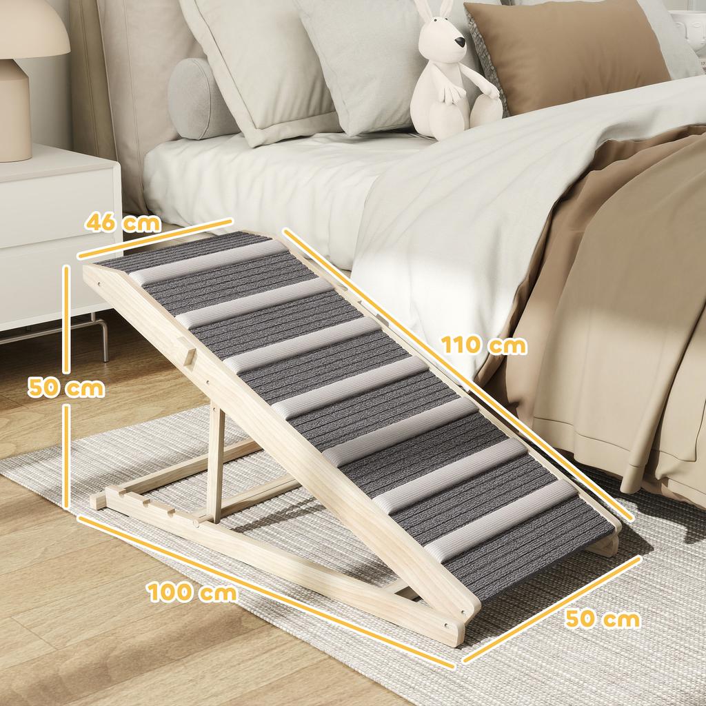 Dog Ramp, Wooden, Non-Slip Mats, 4 Heights 35-50 cm, 100 x 50 x 50 cm, Natural and Gray Wood