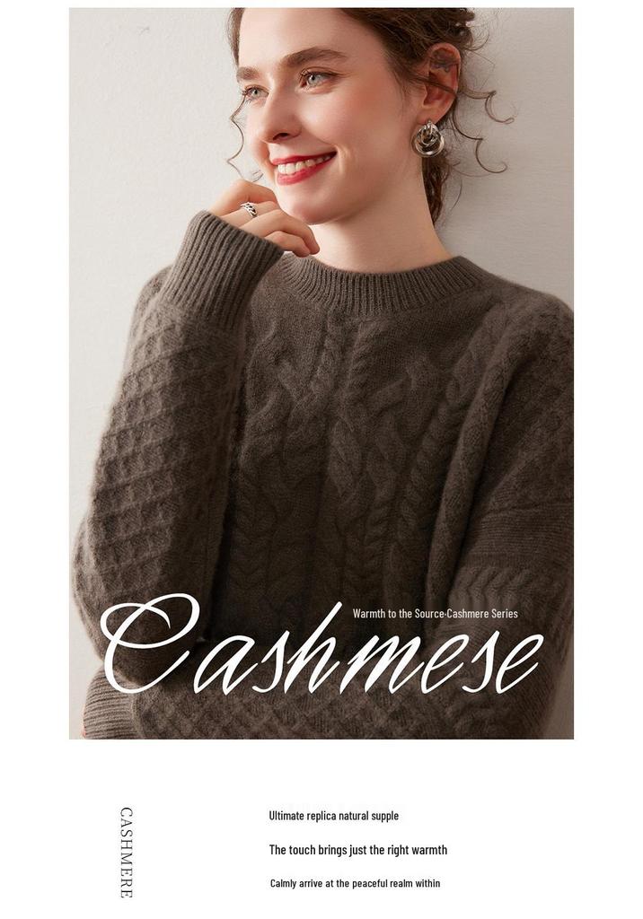 Women's Three-Ply Cashmere Sweater – Loose, Soft, Fluffy, Round Neck Pullover, Versatile Cable Knit for Autumn/Winter.