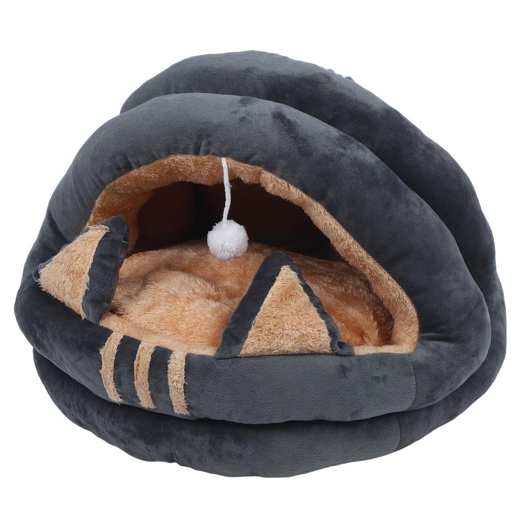 Cat Cave Semi Enclosed Cozy Pet Bed Cartoon Washable Animal House for Autumn and Winter Gray