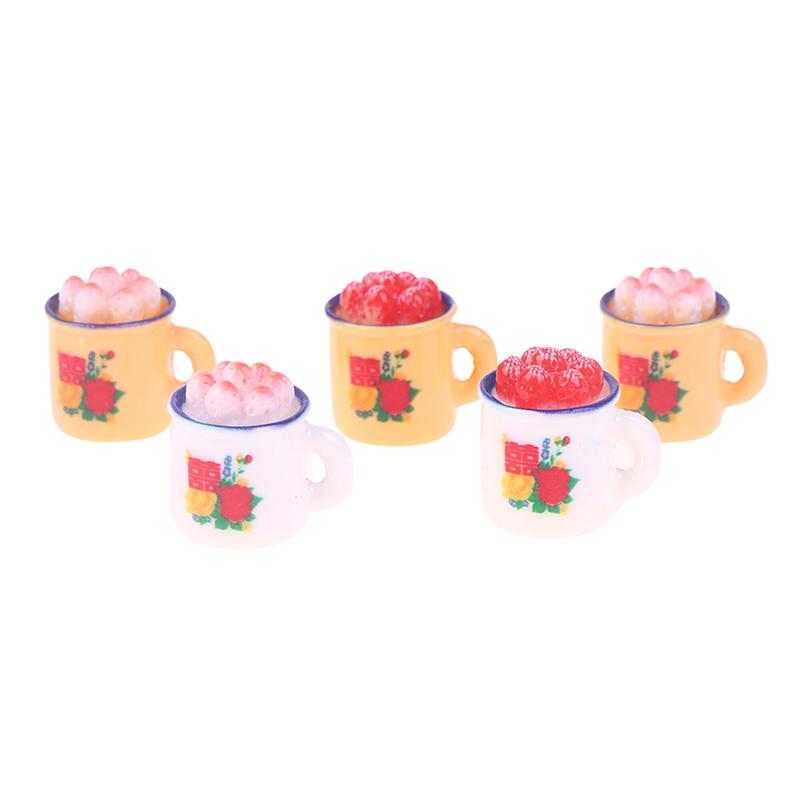 5pcs Dollhouse Miniature Supplies Chinese Double Happiness Food Plate/Cup Cake Enamel Basin Miniatures Kitchen Accessory