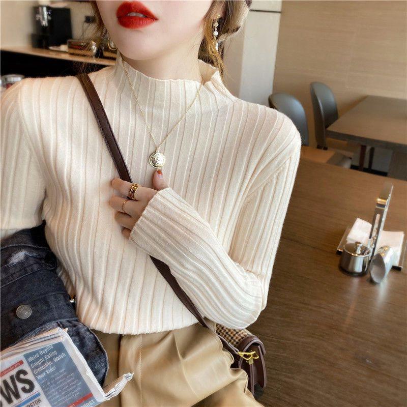Women's Slim-Fit Ribbed Knit Sweater - Autumn/Winter 2025 Fashion Top with Half Turtleneck
