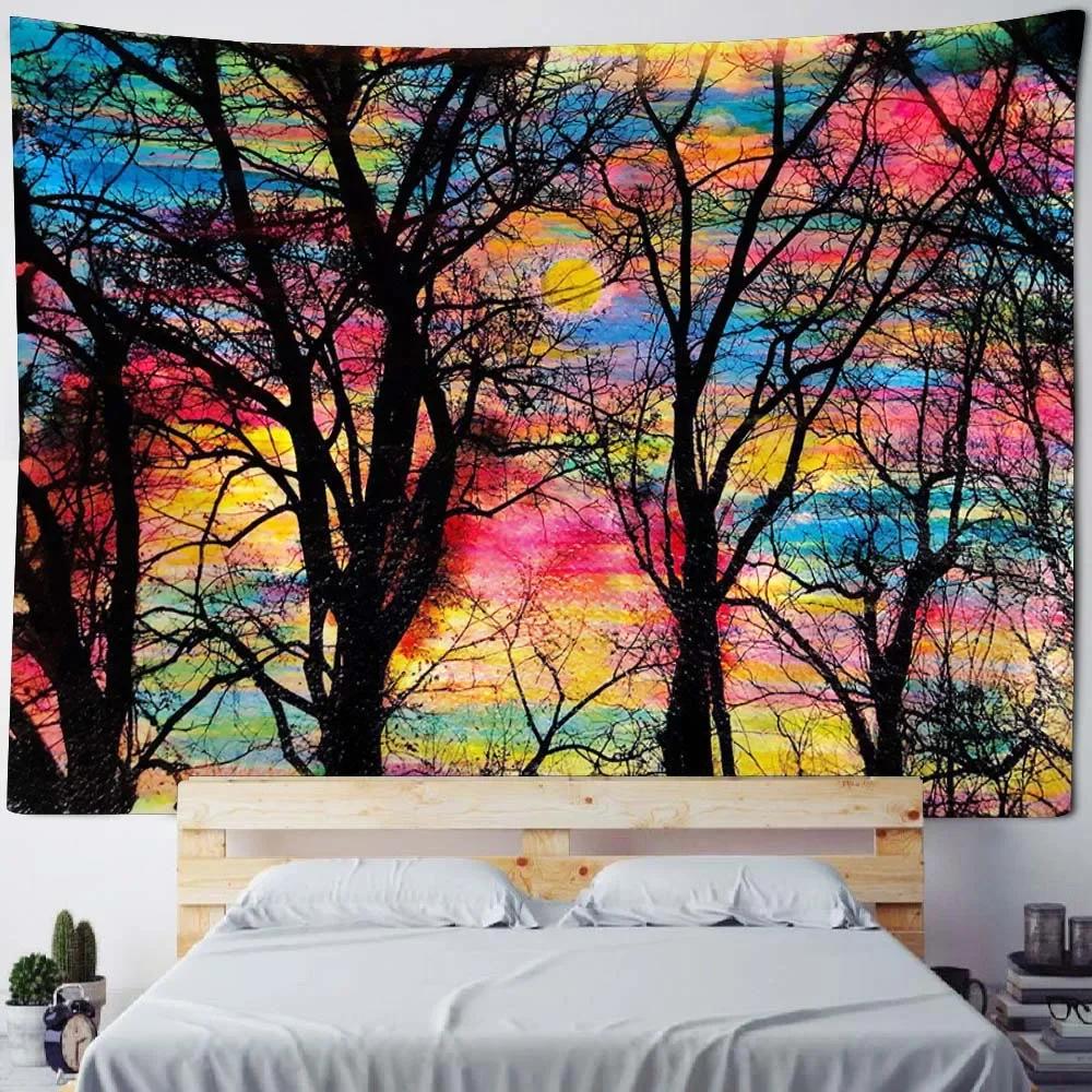 Sunshine Forest Wall Mounted Tapestry Polyester Fabric Bedroom Living Room Sofa Carpet Bohemian Style Art Decoration
