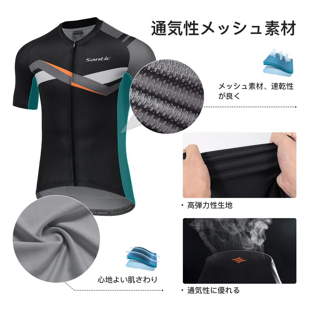 Santic Men's Short Sleeve Cycling Jersey, Summer, Road Bike, Cycling, Mesh, Breathable, Quick-Drying, Thin, Black, Size L