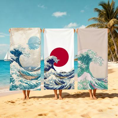 Beige Cartoon W-wave-e Art Towel Large Quick-Drying Microfiber Soft Beach Towel for Travel Fitness Sauna Bathing Camping