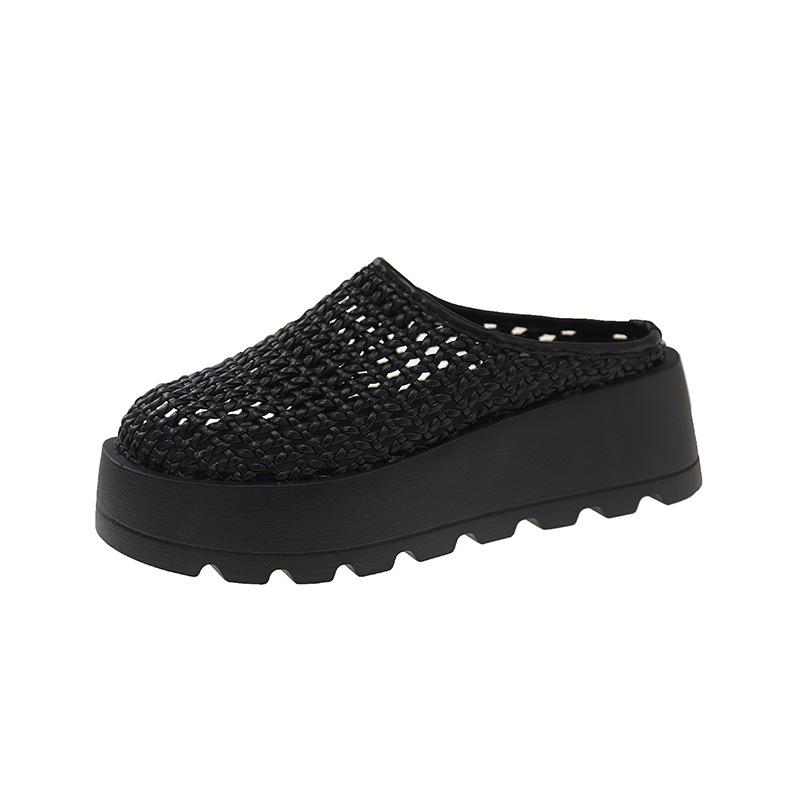 New Mesh Bag Head Half Slippers Women's 2025 Summer Muffin Bottom Cool Slippers Medium Heel Thick Sole One Pedal Cool Slippers