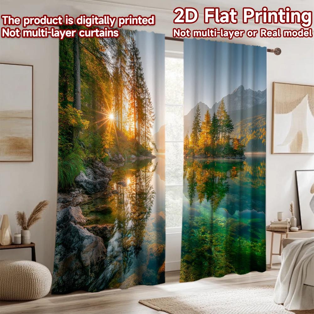 2D flat printing 2pcs Curtain Alpine Lake Sunrise Forest Mountain Reflection Digital Printed Polyester Drapes Festive Curtains
