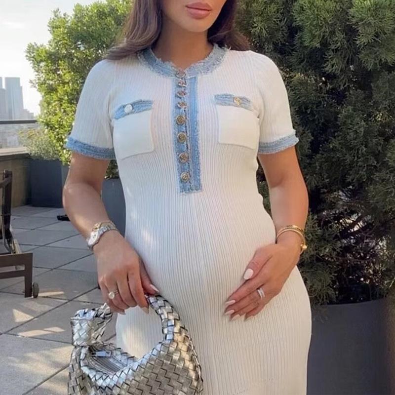 Elegantní Kontrastní Dámské Pletené Maxi Šaty Šik O-výstřih Krátký Rukáv Kovové Knoflíky Bodycon Šaty Kancelářská Dáma Cestovní Župan