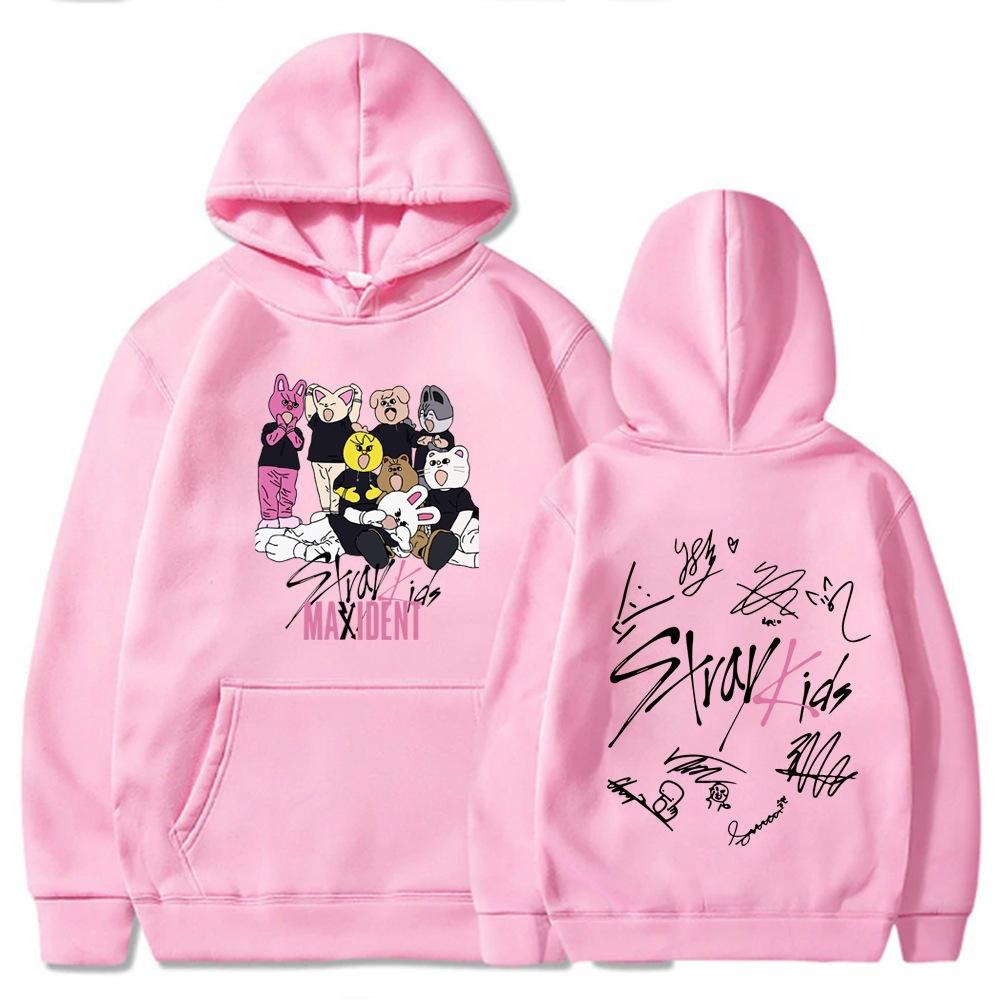 Sweat à capuche Pullover Personnages Stray Kids, Impression de Groupe Dessin Animé sur le Devant Graphique Signature des Membres au Dos Capuche à Cordon de Serrage Oversize Unisexe Streetwear K‑Pop