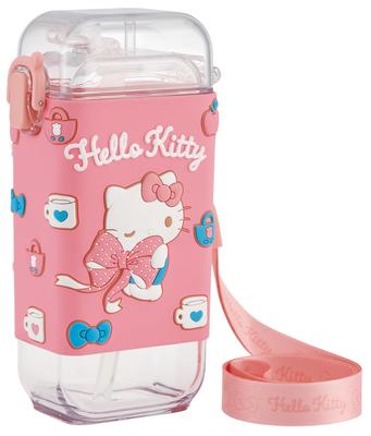 Skater Square Halmflaska Vattenflaska M 450ml med Lock och Axelrem Sanrio Hello Kitty Stor Rosett Flickor Enknapps PSQ5ST-A