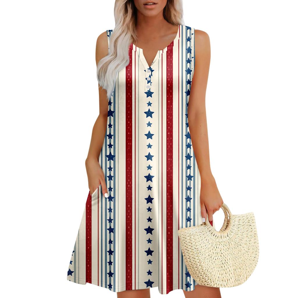 Damen Sommerkleider Lockeres V-Ausschnitt Ärmelloses Sommerkleid Kleid Mit Taschen