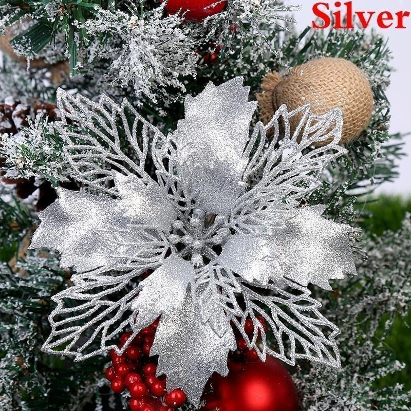 5pcs Christmas Flowers Glitter Fake Flowers Merry Christmas Tree Decorations For Home Gift Xmas Ornament Home Decor Supplies