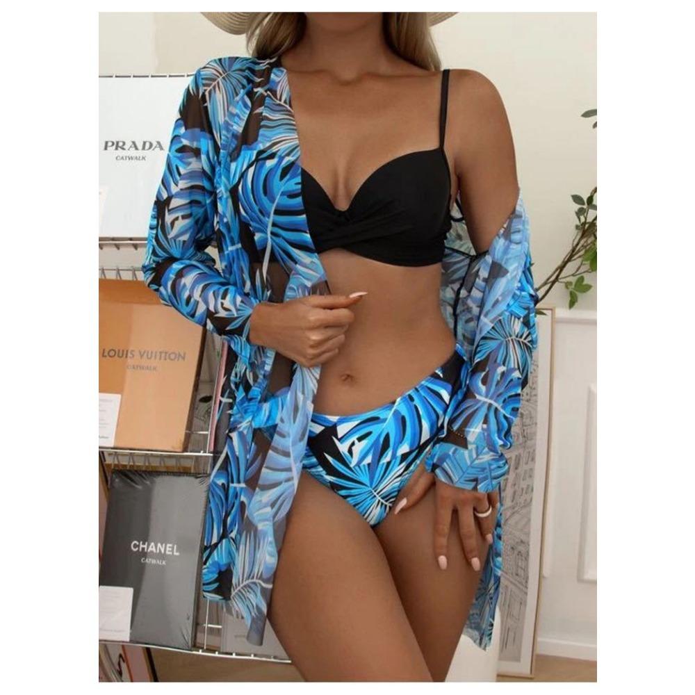 Sexy Cross Bikini Split Strap Three Piece Swimsuit European and American Printed Bikini