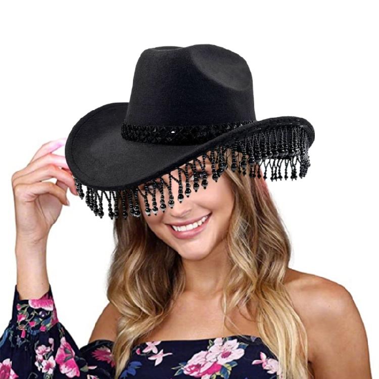 Cowgirls Hat Pearls Fringed Bandana Set for Women Classical Western Wide Brim Wesatern Hat Floral Scarf and Sunglasses
