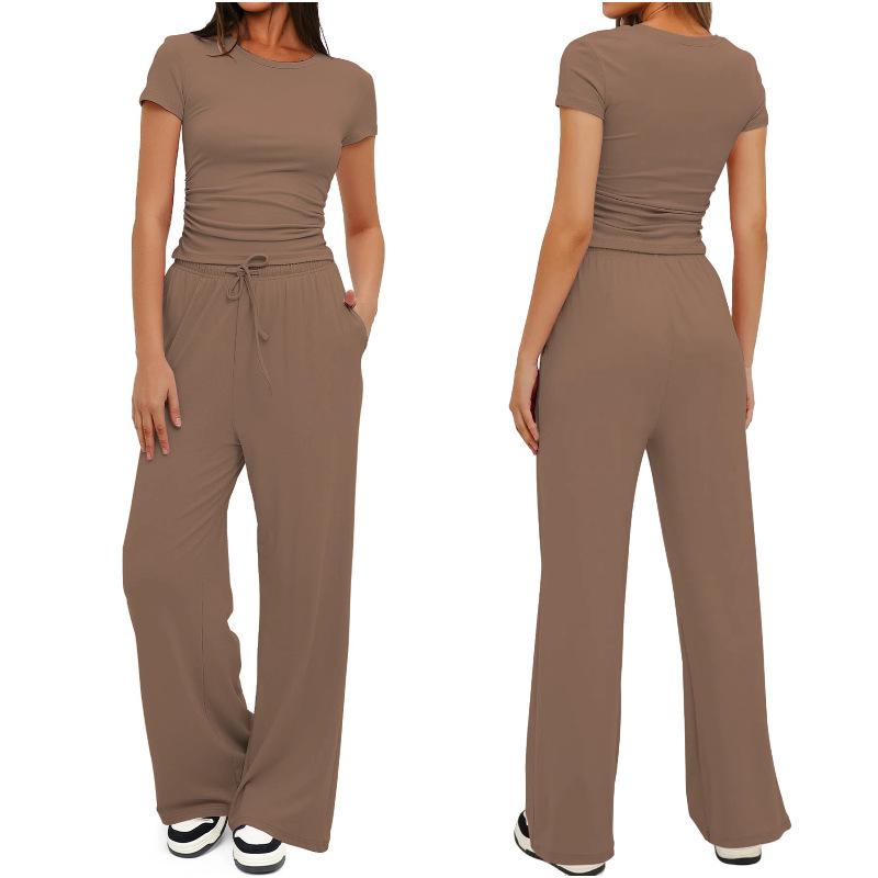 Solid Color Casual Long Sleeve Set Top High Waisted Wide Leg Pants Sportswear