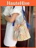 Large Capacity Rainbow Striped Tote Bag With Soft Texture For Fashionable Street Style