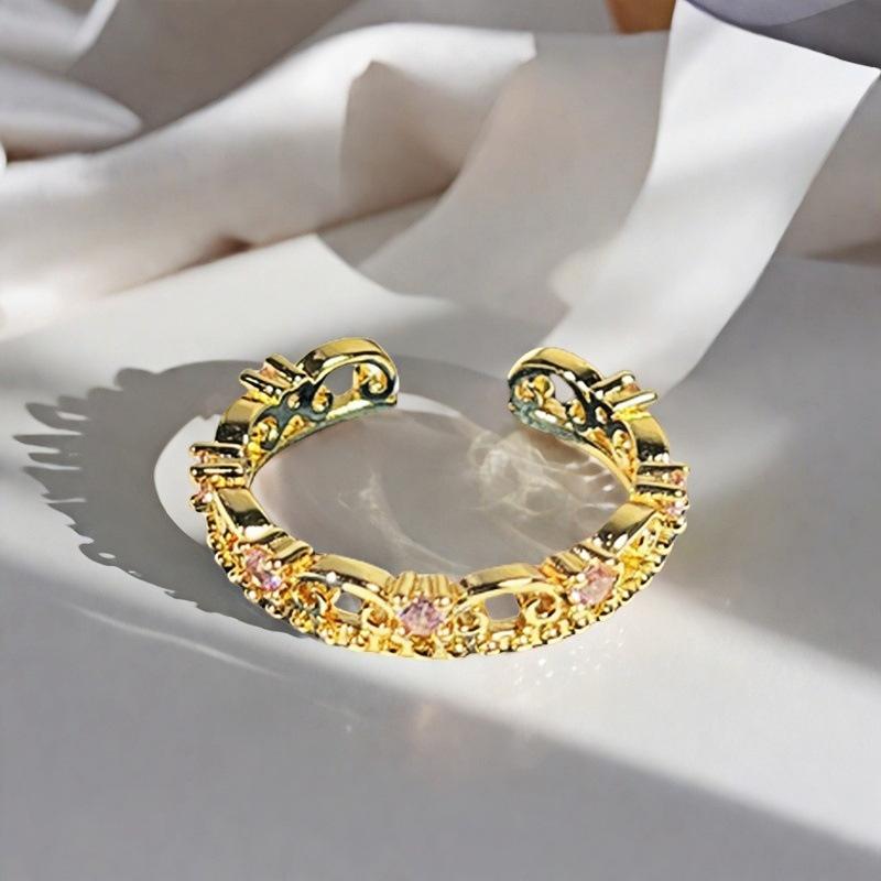 Sweet Girl Heart Pink Love Zircon Crown Open Ring Niche Design Light Luxury High Sense Fashion Ring