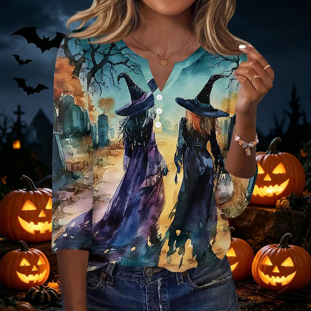 Damen Casual Halloween Print 3/4 Ärmel T-Shirt Top