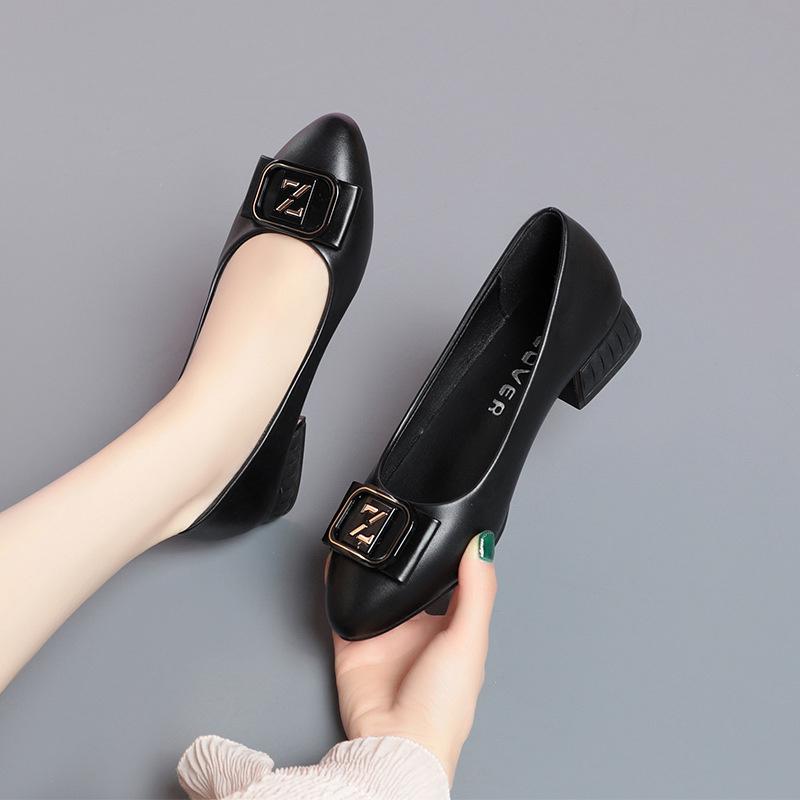 Women Shallow Mouth Comfort Solid Color Casual Shoes Spring Autumn New Square Heels Fashion Pointed Toe Soft Leather Shoes