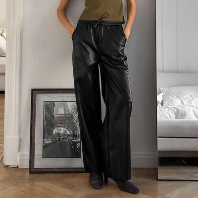 Fashion Solid Color Leather Women's Pants Casual Loose Simple Black Long Pants New Retro Women Drawstring Trousers