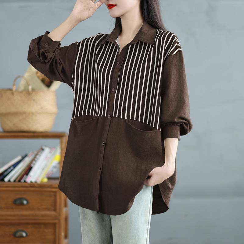 DIMANAF 2025 Übergröße Bluse Langarmhemd Neu Lässig Gestreift Oberteile T-Shirts Vintage Damen Lockeres Hemd Basic Oversize