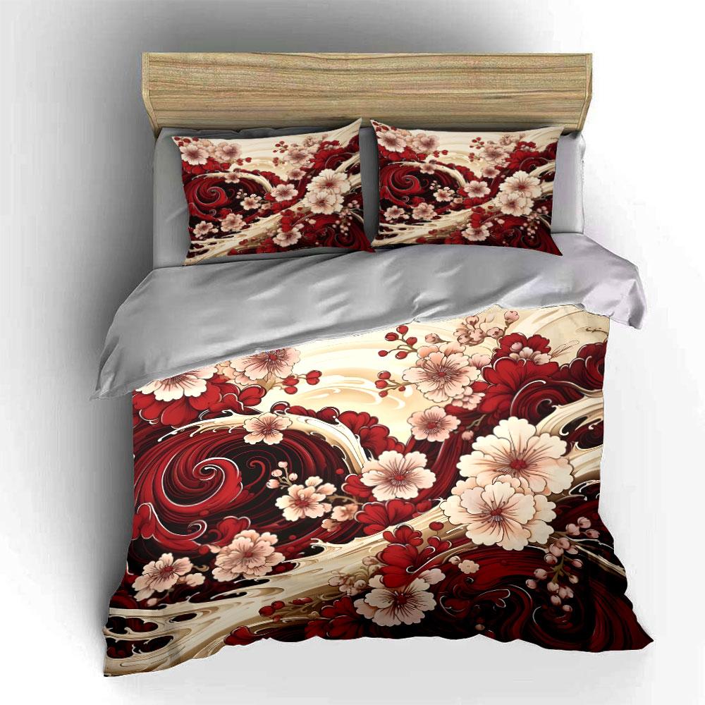 Cherry Blossom Wave Design Bedding Duvet Cover Set (1*Duvet Cover 2*Pillowcases, Without Duvet Insert)