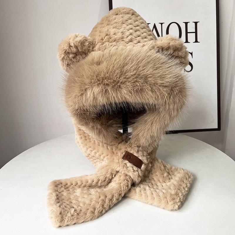 Cute Little Bear Fluffy Hat for Women In Winter Scarf Integrated Warm Ear Protection Hat Thickened Scarf Cold Protection Lei Feng Hat