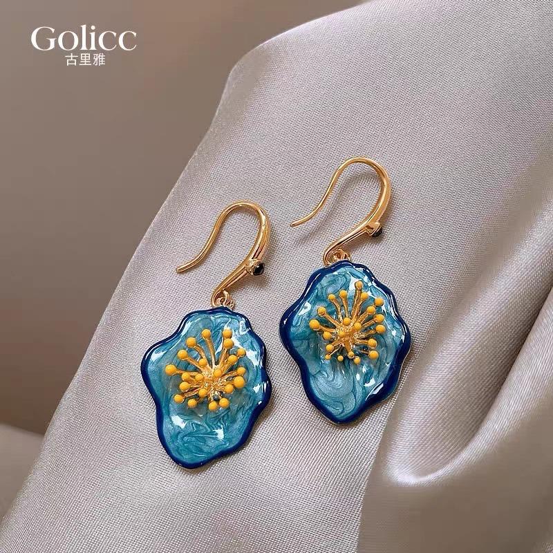 French fresh blue geometric flower resin earrings light luxury stud earrings personality temperament earrings women
