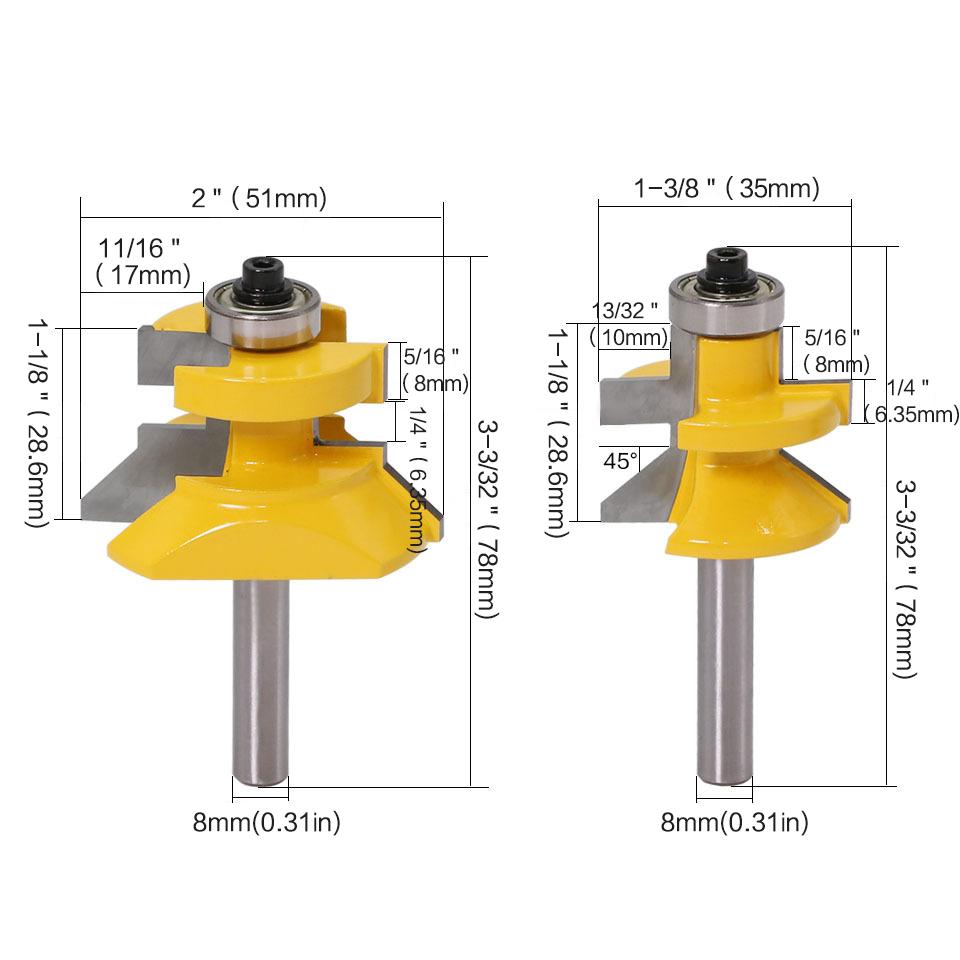 2ks 8mm" stopka V drážka a sada frézovacích bitů s přizpůsobeným jazykem s prémiovými kuličkovými ložisky Dřevoobráběcí řez