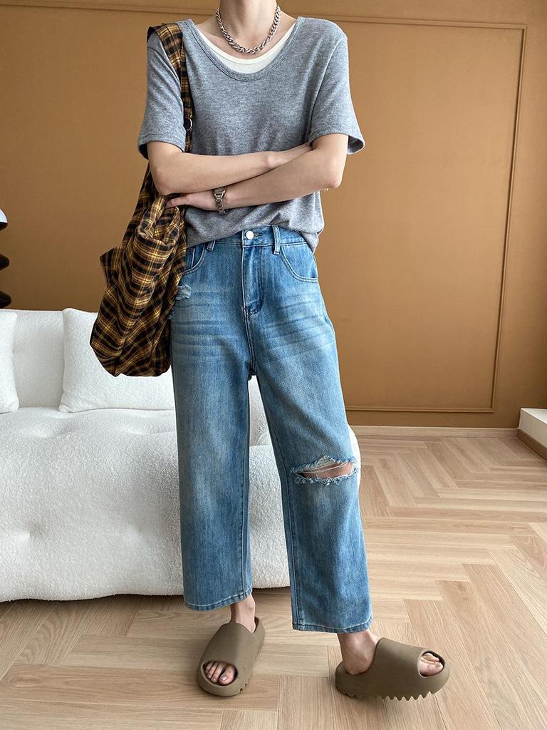 Sinan Casual Blogger Style Round Neck Two-Piece Knit T-Shirt (Short-Sleeved) - SN5531