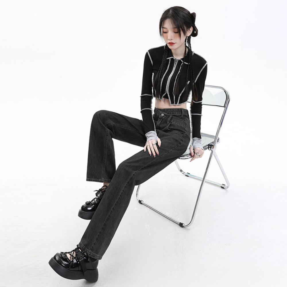 American High Street High Waist Straight Jeans Women's Loose and Thin Irregular Niche Hyunya Wide-leg Floor Pants