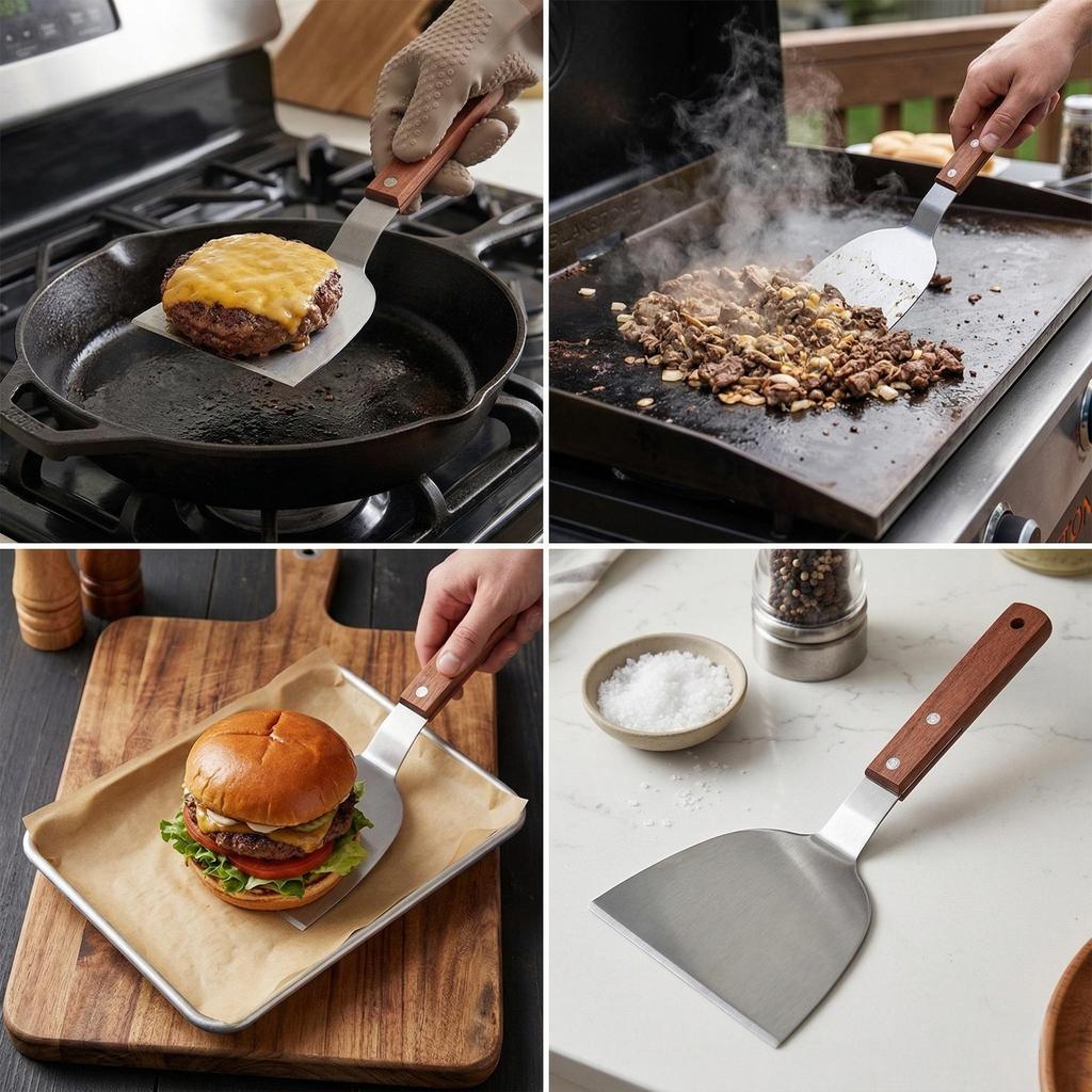 Multi-functional Stainless Steel BBQ Spatula with Wood Anti-slip Handle for Outdoor Grilling and Steak Frying