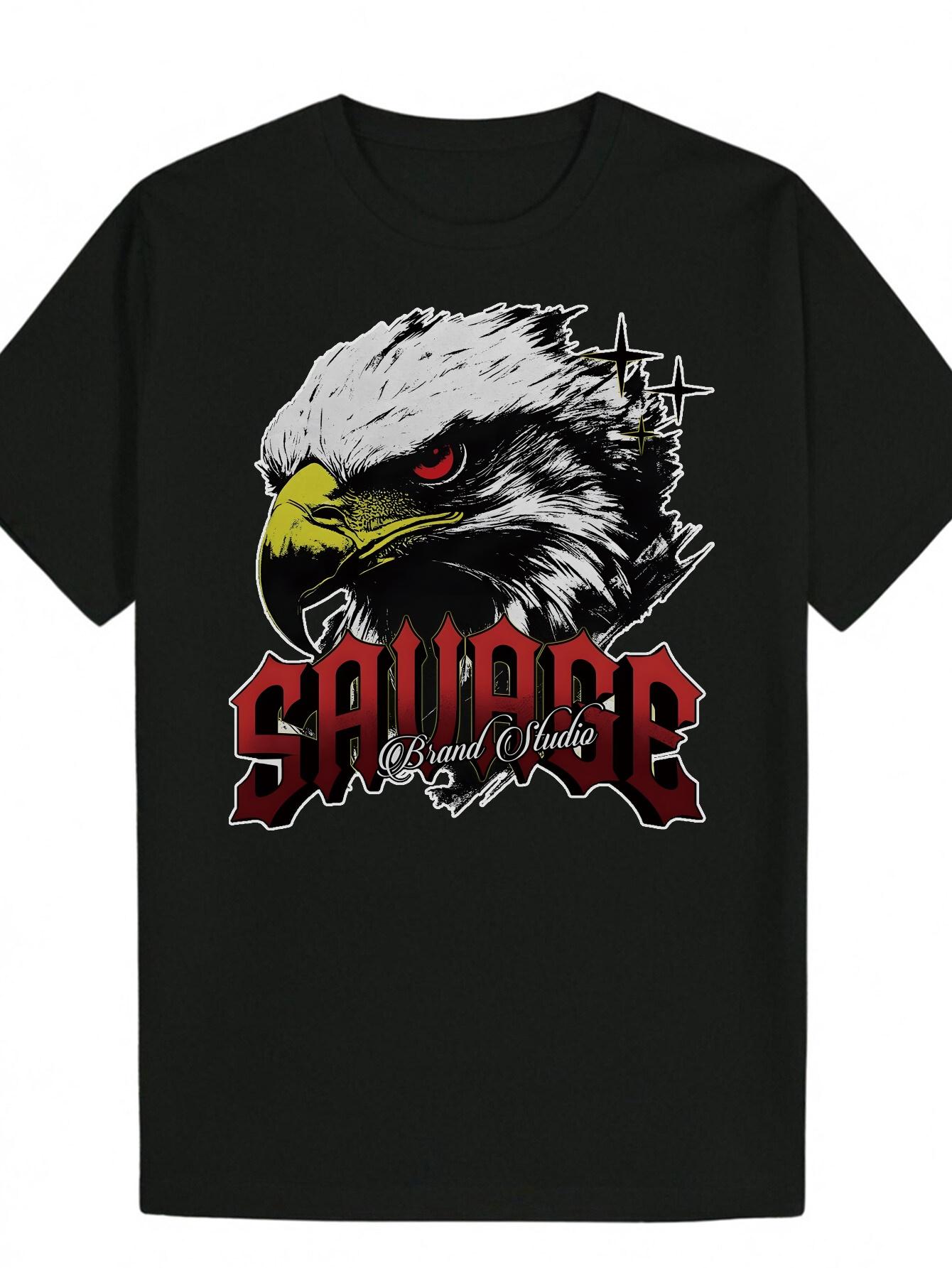 Casual Summer Polyester T-shirt with Eagle Graphic - Round Neck S