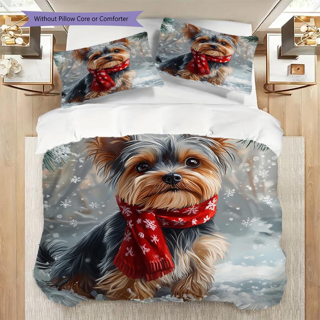 Yorkshire Terrier Pattern Bedding Quilt Set Quilt Cover Pillowcase Home Decoration Birthday Gift (1 * Duvet Cover + 2 * Pillowcase, Without Core)