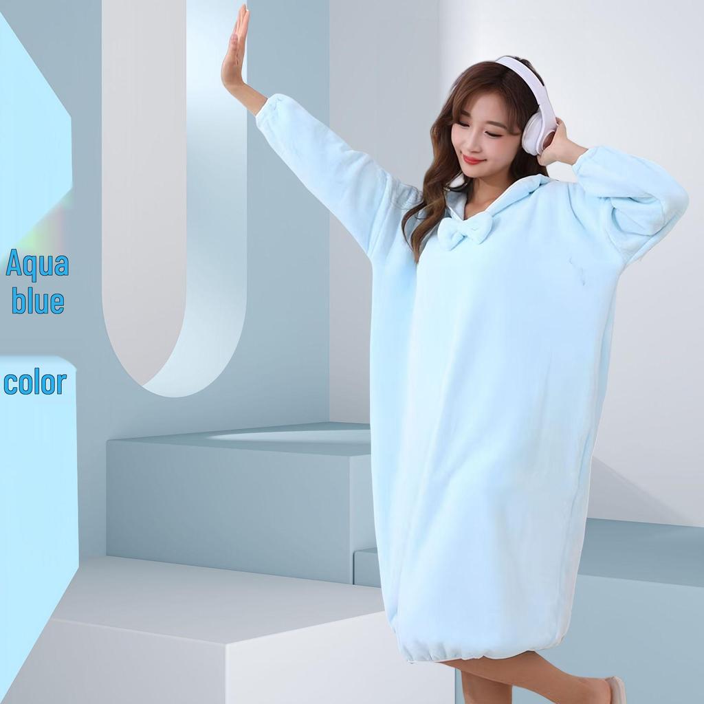 Women's Coral Fleece Hooded Bathrobe, Long Sleeve, Ultra-Absorbent and Thickened, Perfect for Home Use in Autumn and Winter