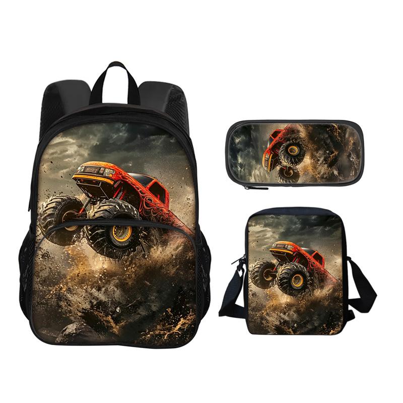 Monster Jam Round Front Bag Backpack Pen Bag Shoulder Bag 3Pcs Set Cartoon Print Student's Best Campus Companion Birthday Gift