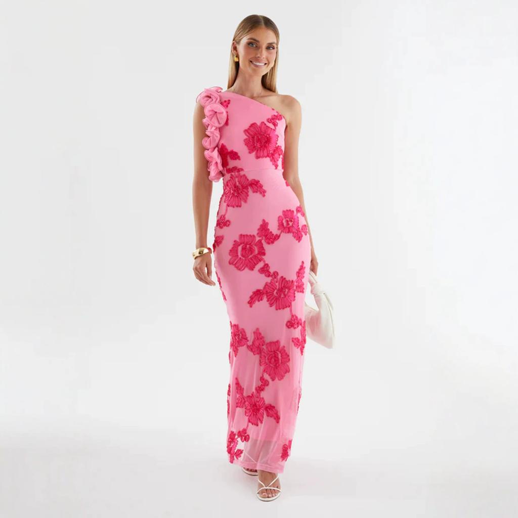 Oblique collar European and American summer new fashion suspender hip wrap sexy three-dimensional disc flower dress