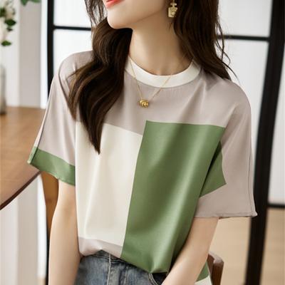Francuski Styl Lekki Luksus Letni Damski Okrągły Dekolt Patchwork Kontrastowy Kolor Jedwab Morwowy Moda Krótki Rękaw T-shirt Top