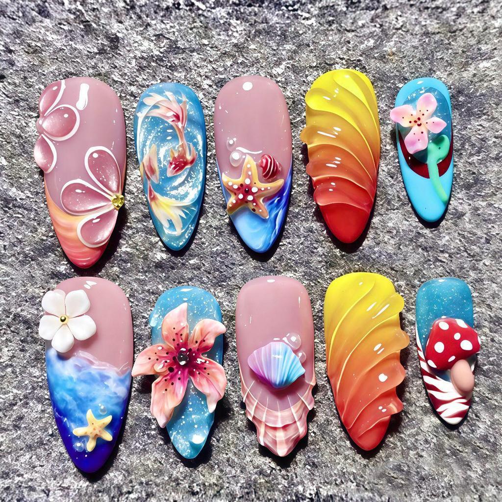 30-Piece Summer Ocean 3D Almond Nails: Starfish, Seashell & Flower Design - Pure Handmade Art