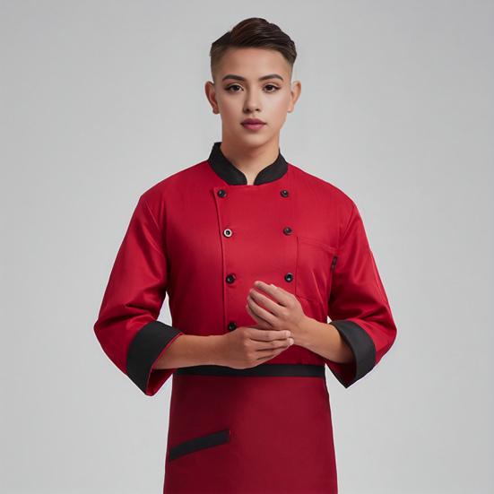 Unisex-Kochuniform mit Brusttasche, Stehkragen, langärmelig, zweireihig, Kochhemd