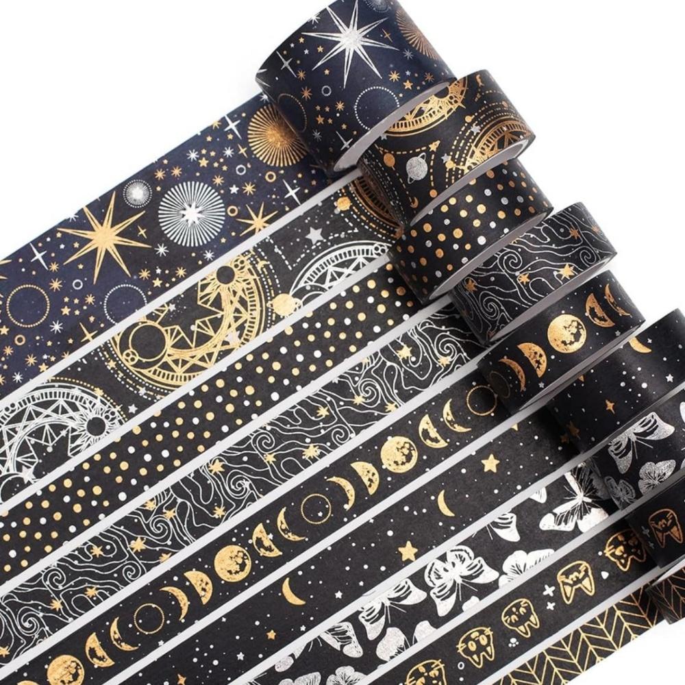 9 Rolls Mystic Gold Washi Tape Set Wide Gold Silver Foil Masking Tape Adhesive Decorative Stickers for Arts DIY Crafts