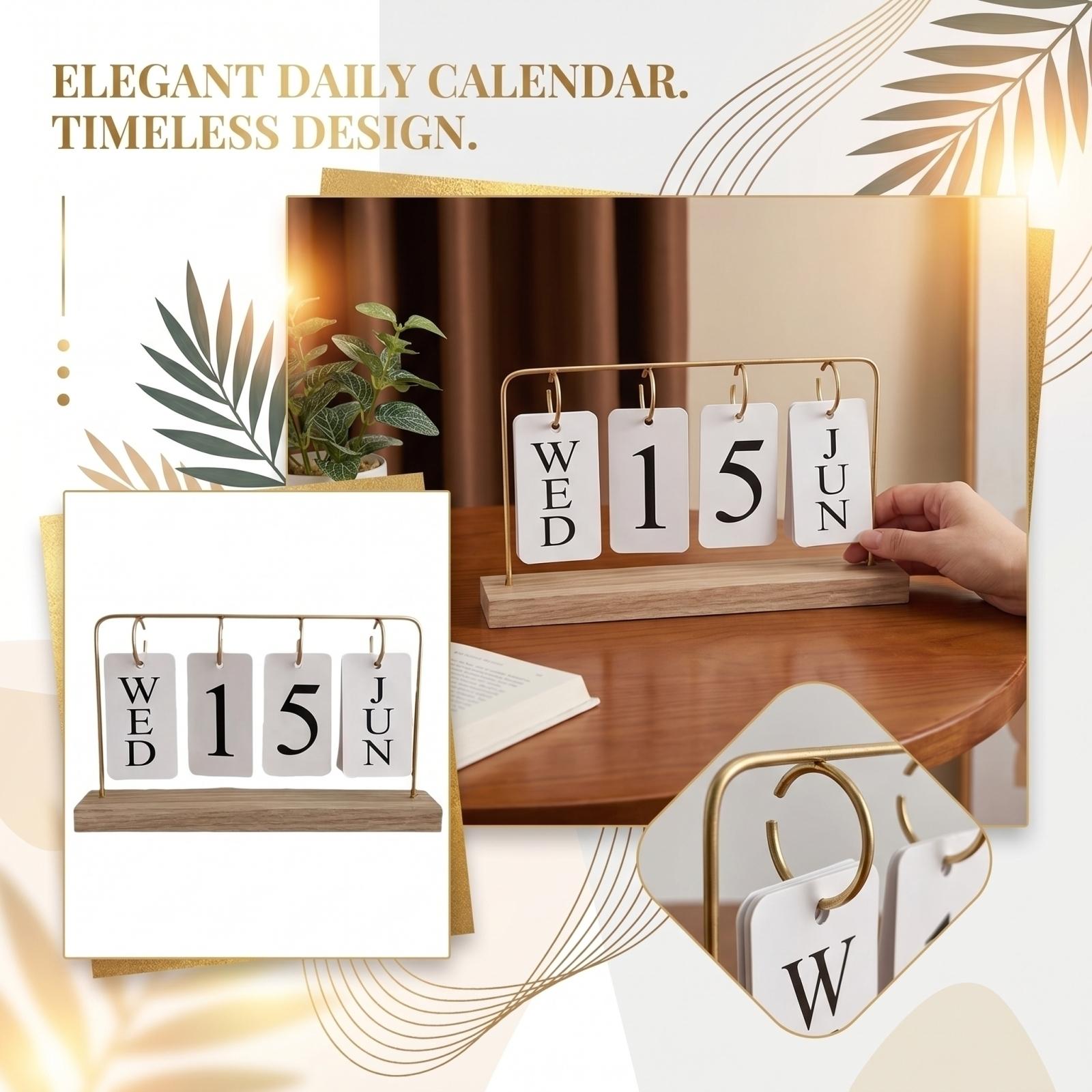 

Creative Desktop Calendar Decorative Table Ornament with Hanging Number and Letter Cards on Wooden Base for Home Office Desk Display one size золотий
