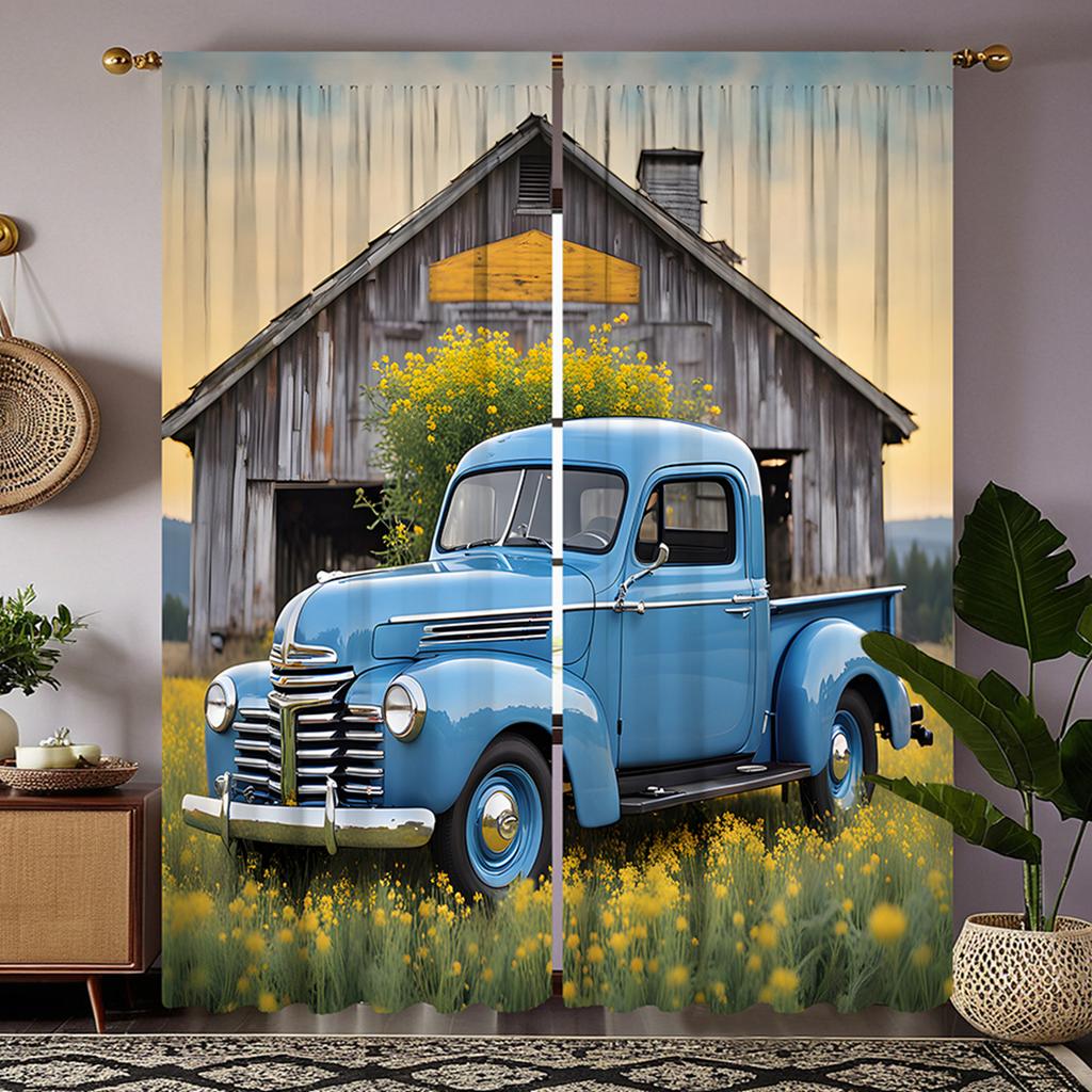 Set Of 2 Vintage Hd Pickup Truck Trim Curtain Blue Tie Digital Printed Home Style Living Room Bedroom Wear Rod Polyester Ideal For