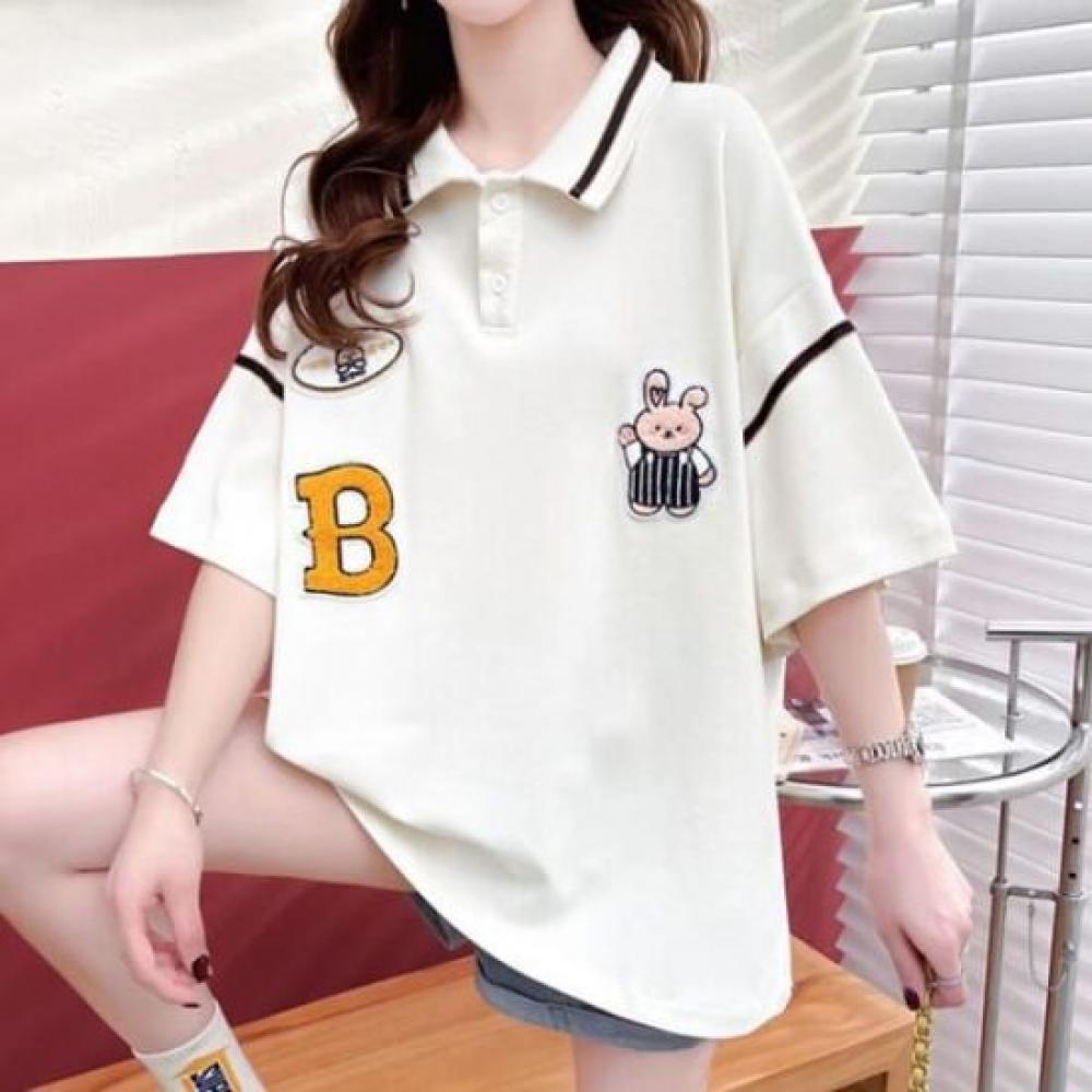 Navava Women PaTch Embroidery Loose FiT Collar ShorT Sleeve T shirT nT2414