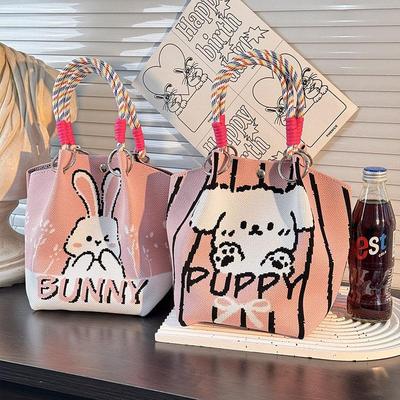 Cute Cartoon Knitted Bucket Bag For Women Girls  Versatile Large Capacity Portable Handbag Tote Small Square Bag Gift