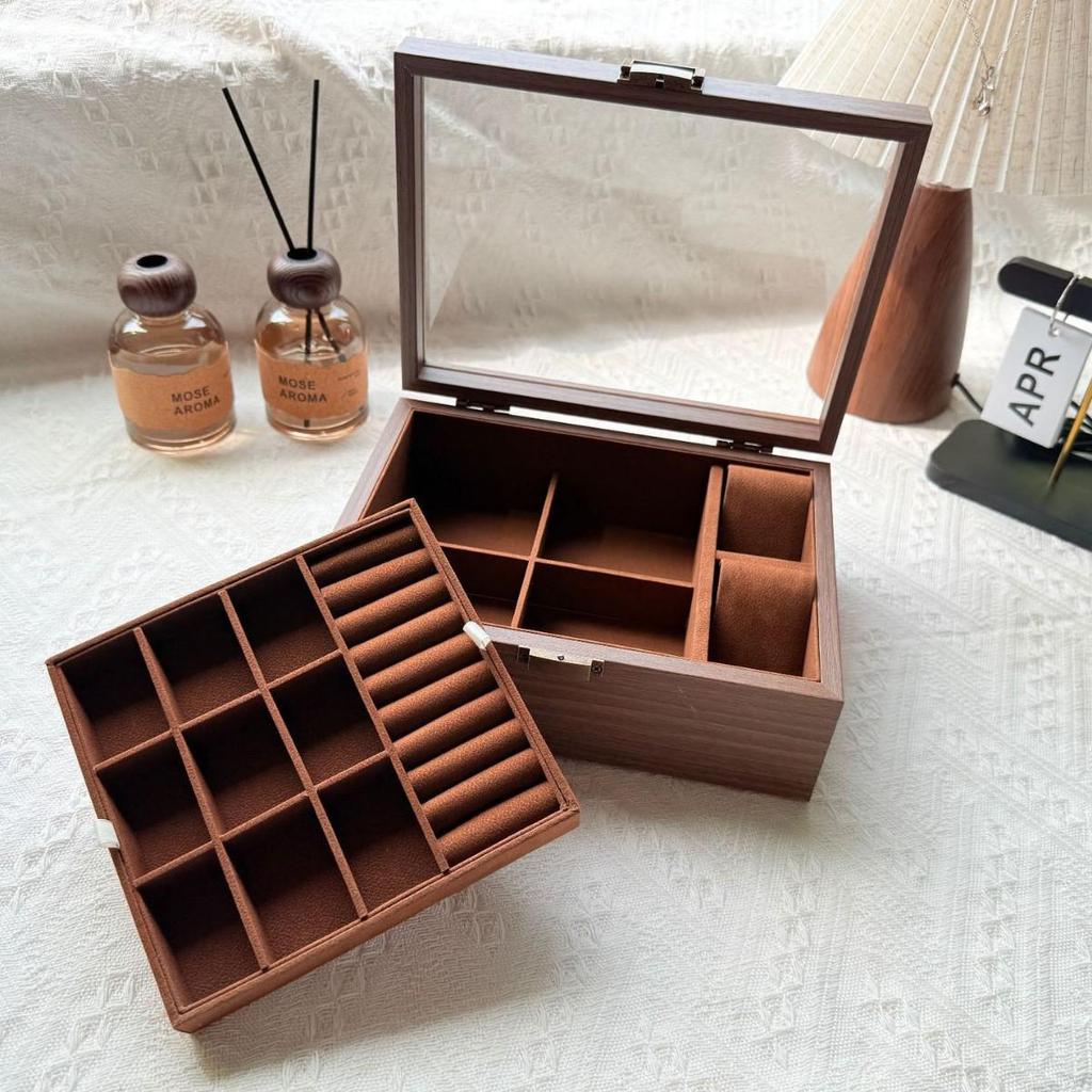 Multi-Position Open Window Watch and Jewelry Display Box with Walnut Wood Grain