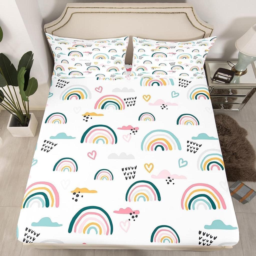 Rainbow Fitted Sheet Double Size and Pillow Case 2 Pcs, Colorful Rainbow Cartoon Fitted Sheet Set with 30cm Pocket for Kids